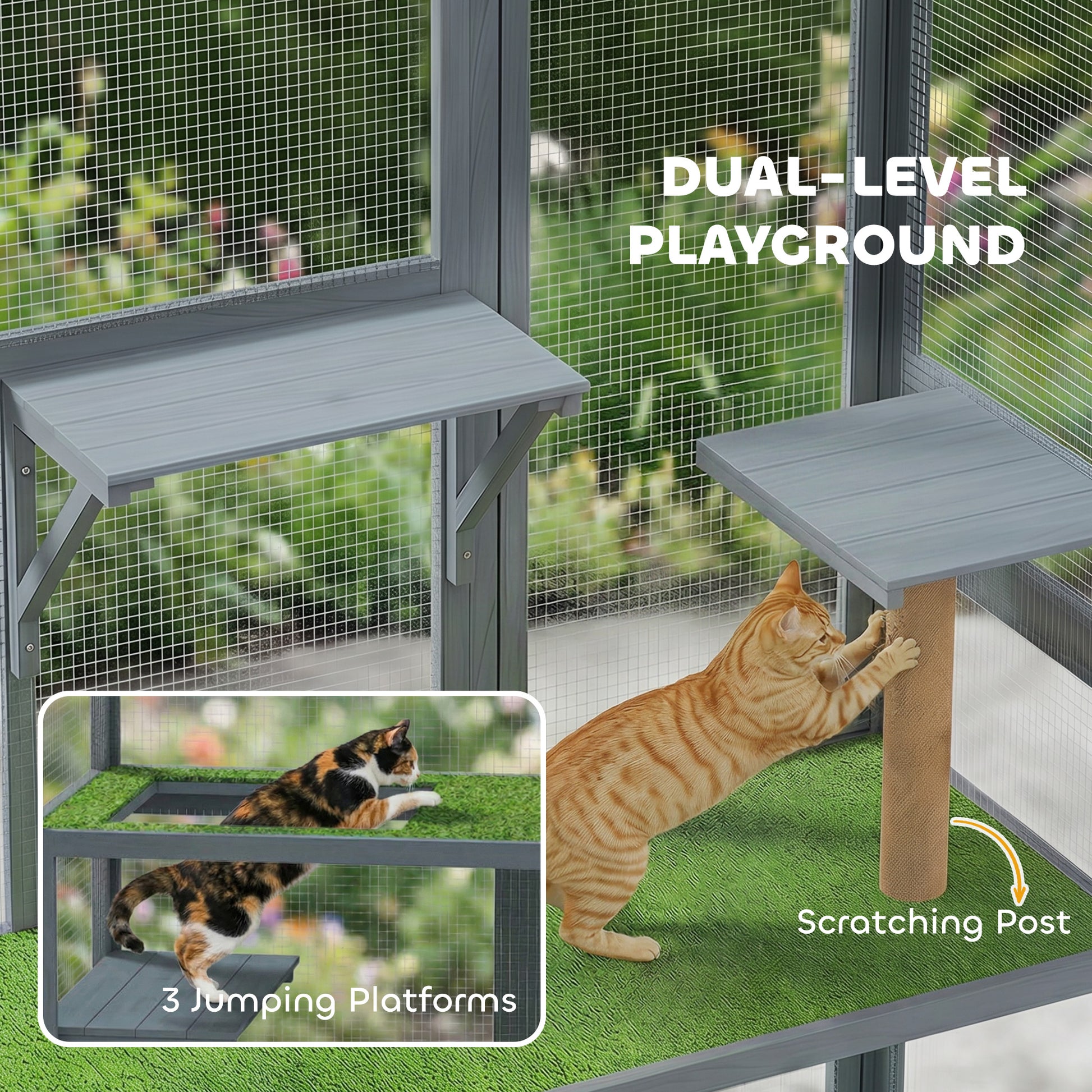 Catio Outdoor Cat Enclosure, 77" H Wooden Cat House with Weatherproof Roof, Platforms and Scratching Post