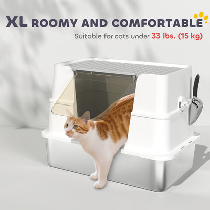 XL Stainless Steel Litter Box with Lid, Extra Large Covered Cat Litter Box for Indoor Kittens with Filp Top, Scoop