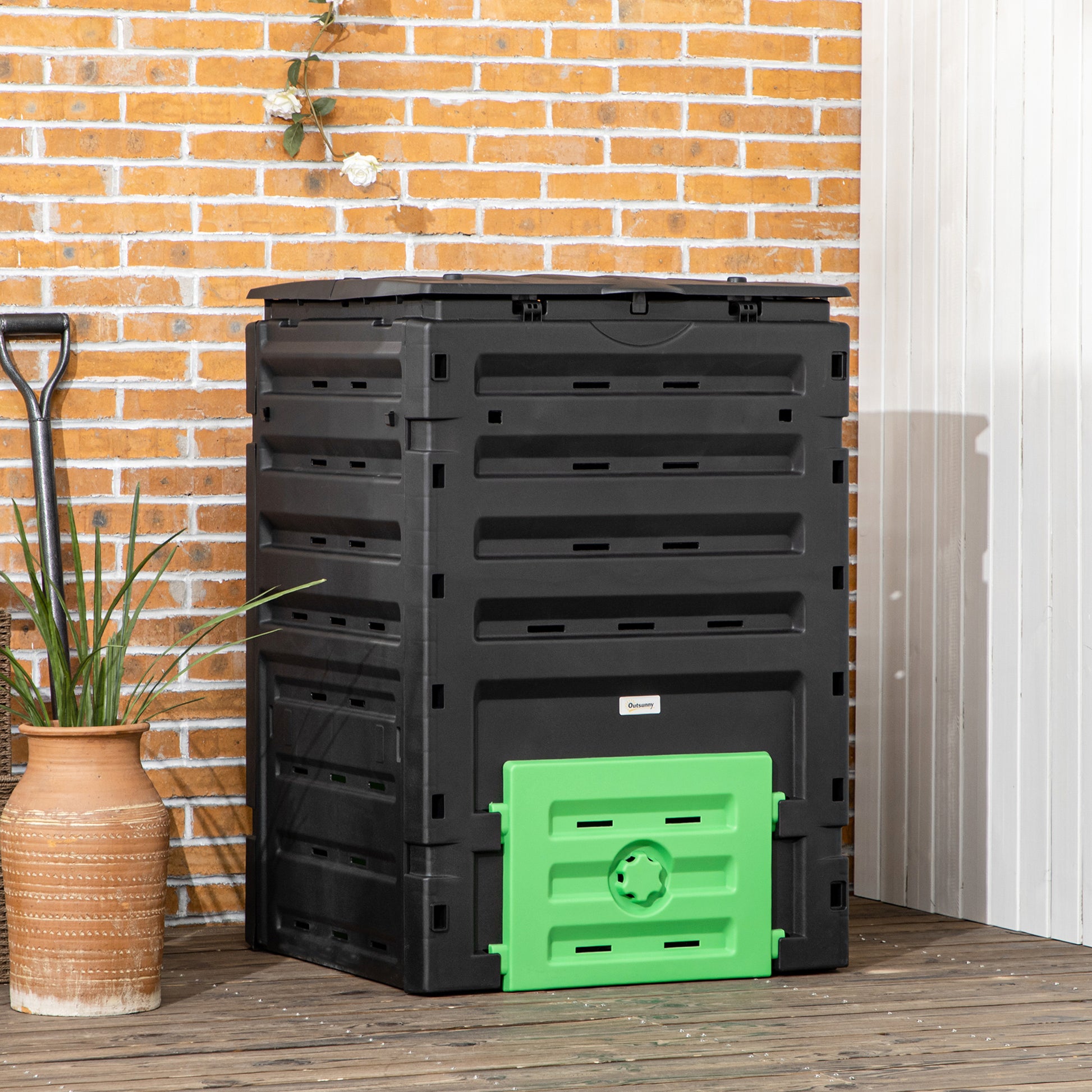 Compost Bin, Garden Composter with 80 Vents and 2 Sliding Doors, 120 Gallon (450L), Black