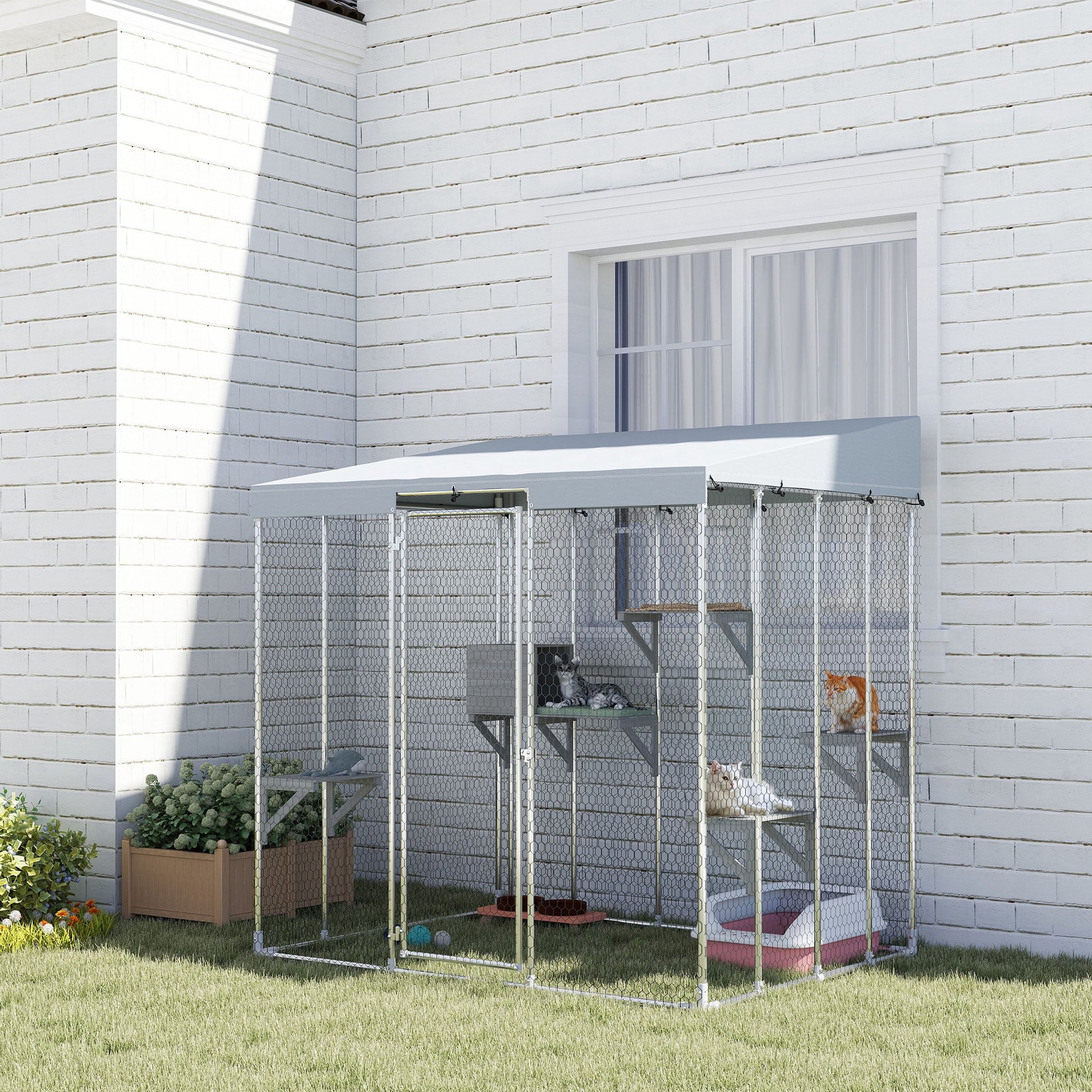 79" L Galvanized Steel Catio Outdoor Cat Enclosure w/ 420D Waterproof Canopy, Multiple Platforms, Resting Condo, Silver