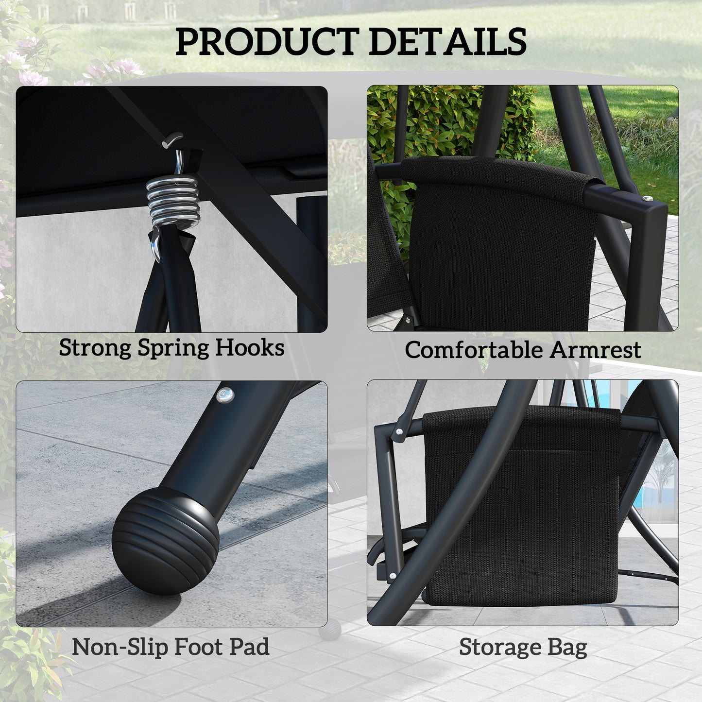 3 Person Outdoor Porch Swing Chair with Adjustable Canopy, Black