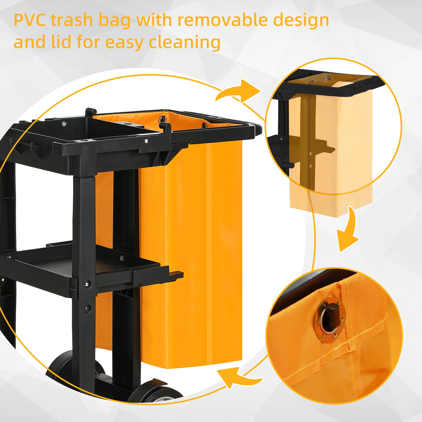 Janitorial Cart with 3 Shelves, Cleaning Cart on Wheels with Rubbish Bag and Mop Holders for Hotel, Housekeeping, Black