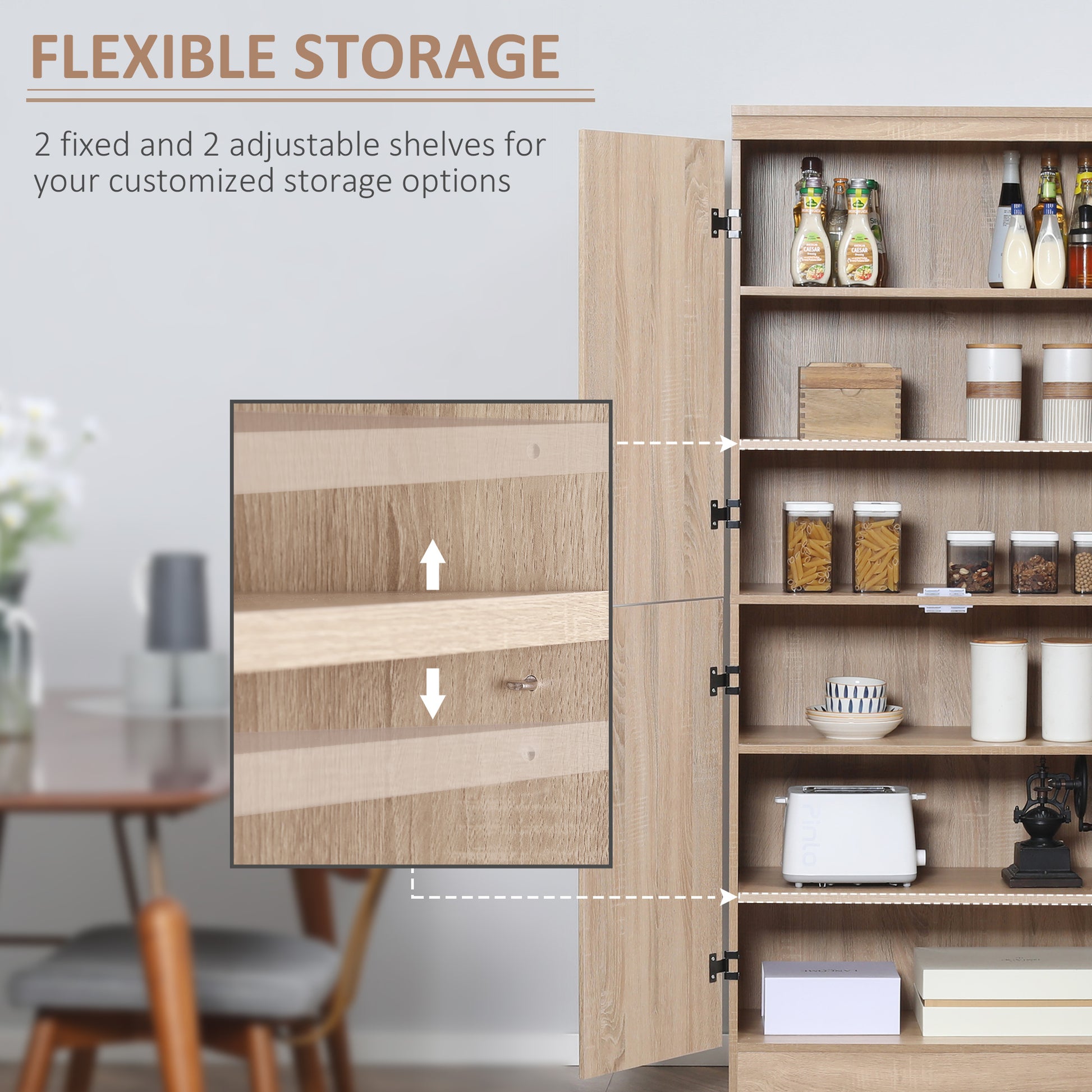 70" 4-Door Storage Cabinet, Freestanding Pantry Cabinet with Adjustable Shelves for Living Room, Natural