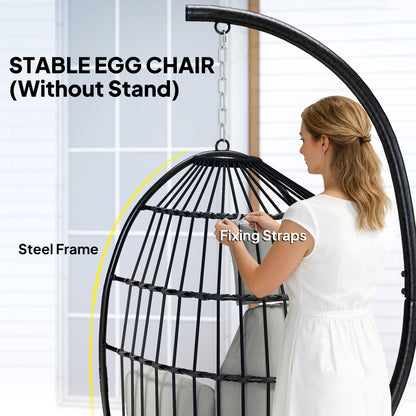Hanging Egg Chair Without Stand, Foldable Basket Swing Chair with Head Pillow, Soft Cushion and Cup Holder, Dark Grey