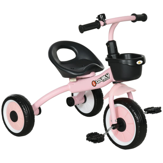 Qaba Tricycle for Toddler 2-5 Year Old Girls and Boys, Toddler Bike with Adjustable Seat, Basket, Bell, Pink