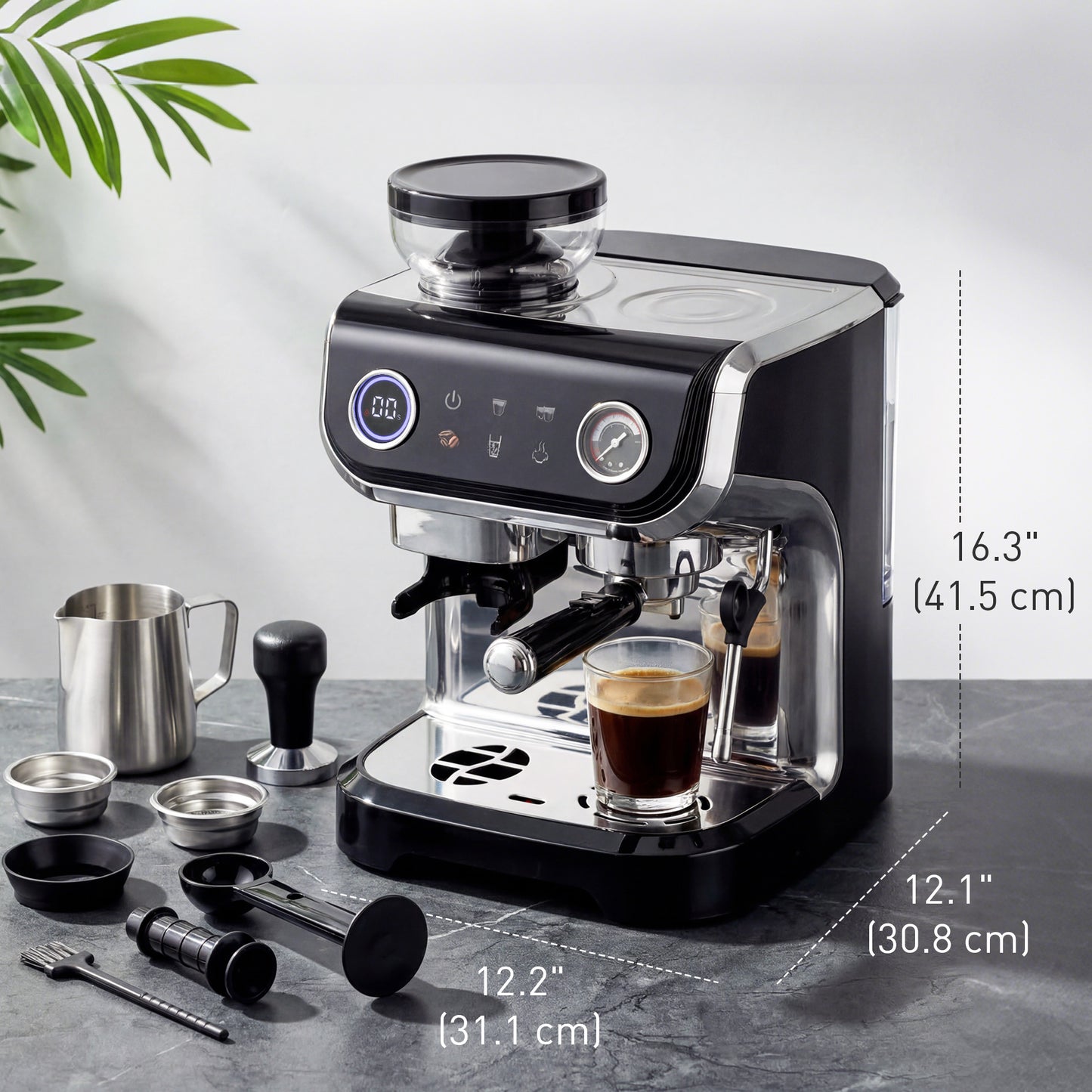15 Bar Coffee Maker Espresso Machine with Grinder Milk Frother Stainless Steel Espresso Maker for Cappuccino Latte Black