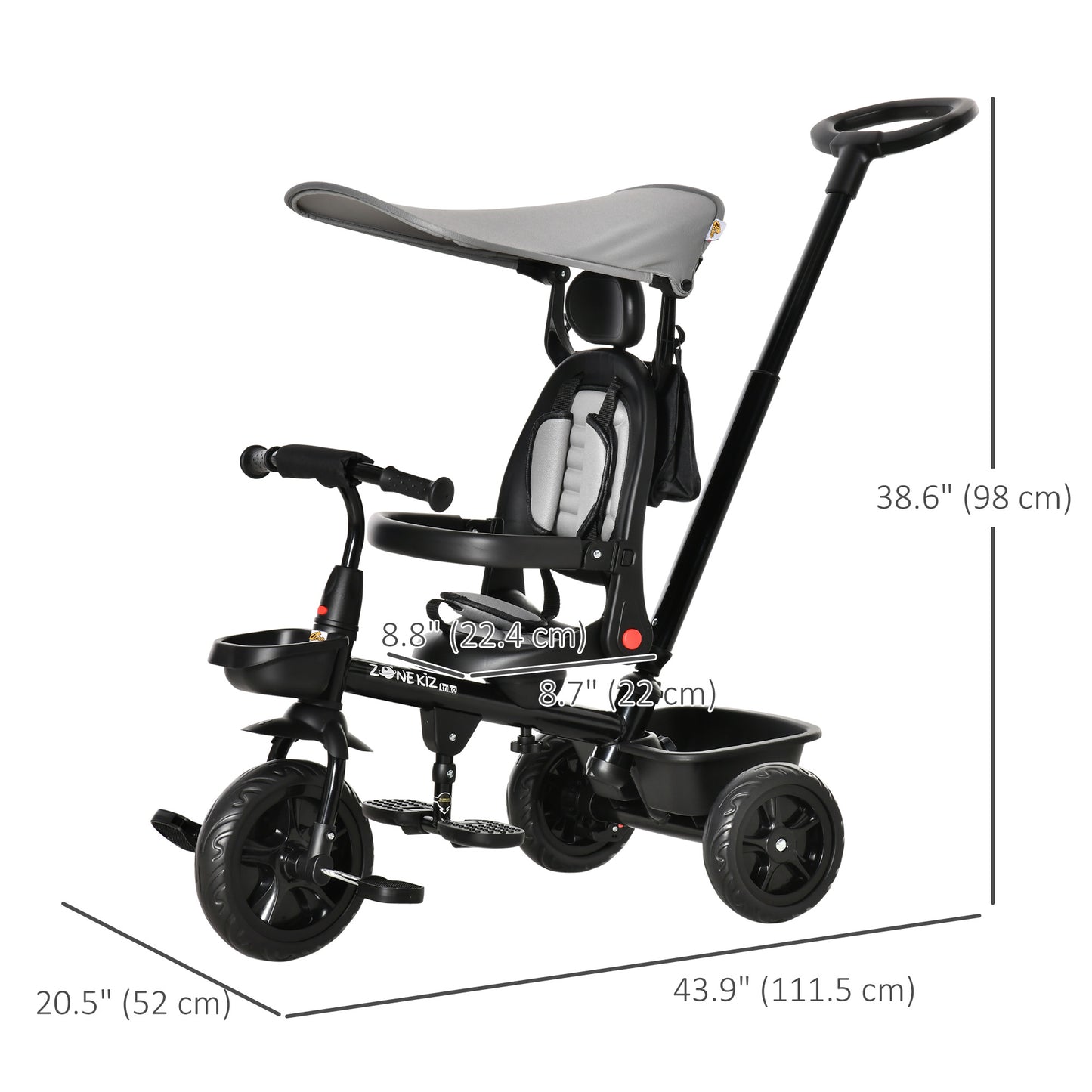 Qaba Tricycle for Toddler 4 in 1 Kids Trike, Converts Stroller to Toddler Bike, Adjustable Backrest & Flat Canopy, Detachable Guardrail & Handle for 1-5 Years Old, Grey
