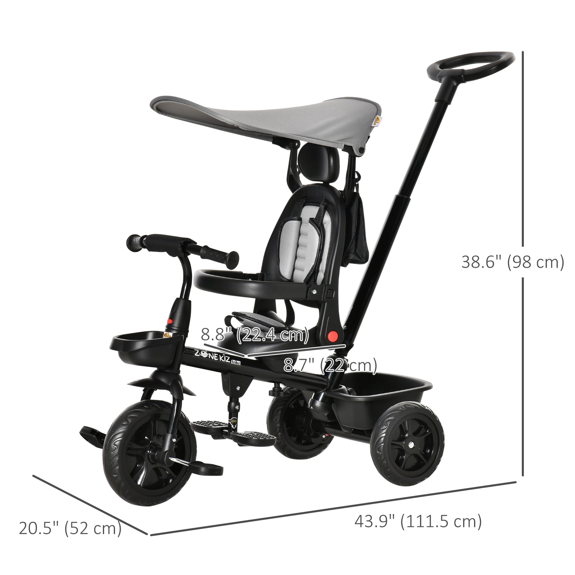 Qaba Tricycle for Toddler 4 in 1 Kids Trike, Converts Stroller to Toddler Bike, Adjustable Backrest & Flat Canopy, Detachable Guardrail & Handle for 1-5 Years Old, Grey