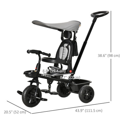 Qaba Tricycle for Toddler 4 in 1 Kids Trike, Converts Stroller to Toddler Bike, Adjustable Backrest & Flat Canopy, Detachable Guardrail & Handle for 1-5 Years Old, Grey
