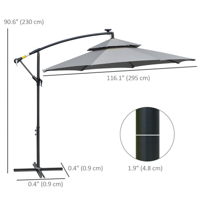 10FT Cantilever Patio Umbrella with Lights Solar Powered Offset Umbrella with Crank and Cross Base for Deck Light Grey