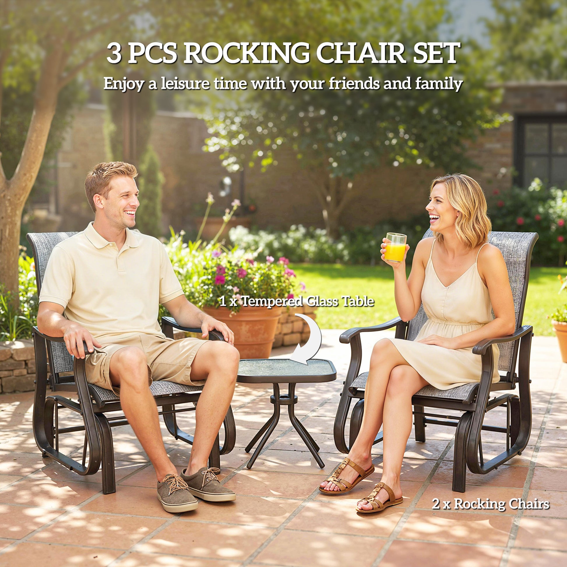 3PCs Gliding Rocking Chair & Bistro Tea Table Set, Grey