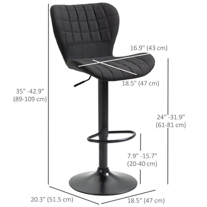 Bar Stools Set of 2, Adjustable Height Swivel Bar Chairs, Linen-feel Fabric Upholstered Kitchen Counter Stools with Wide Seat, Back and Footrest, Black
