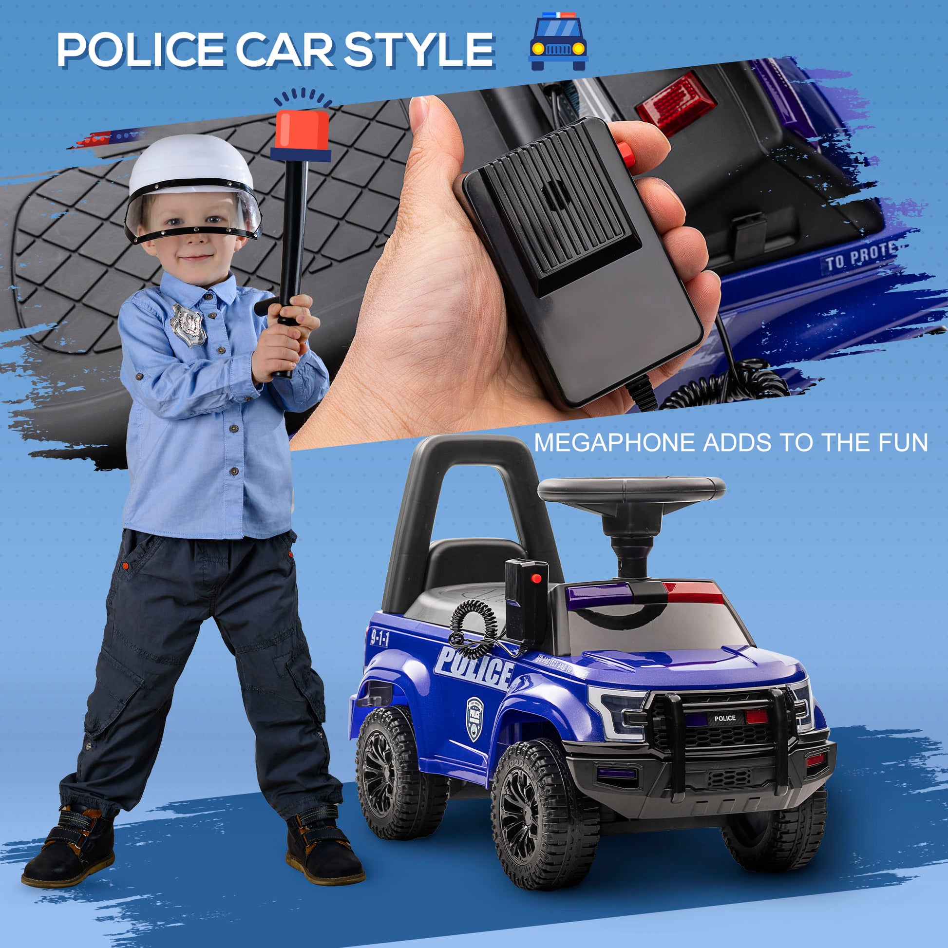 Aosom Kids Ride On Sliding Car with Hidden Under Seat Storage, Ride On Police Car for Toddler with Megaphone, Anti Dumping Device, Removable Backrest, Foot-to-Floor Design, Blue