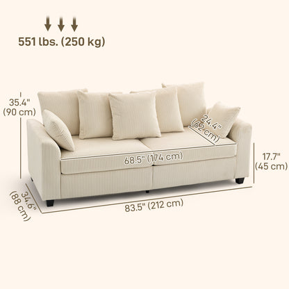Corduroy Couch, 3 Seater Sofa, Modern Upholstered Couch with Curved Armrests and 8 Removable Pillows, Beige