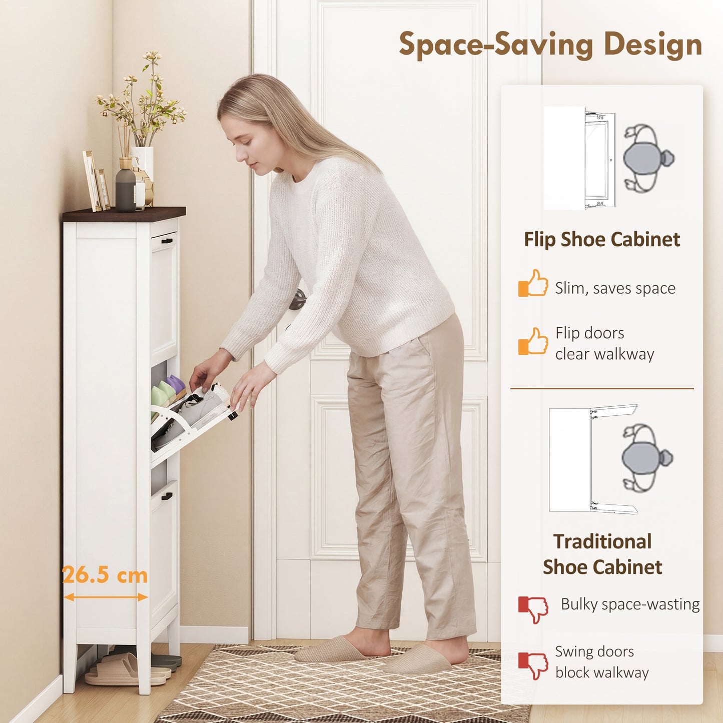 Shoe Cabinet with 3 Flip Drawers, Farmhouse Narrow Shoe Storage Cabinet with Adjustable Shelves, White