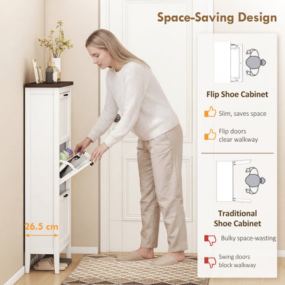 Shoe Cabinet with 3 Flip Drawers, Farmhouse Narrow Shoe Storage Cabinet with Adjustable Shelves, White