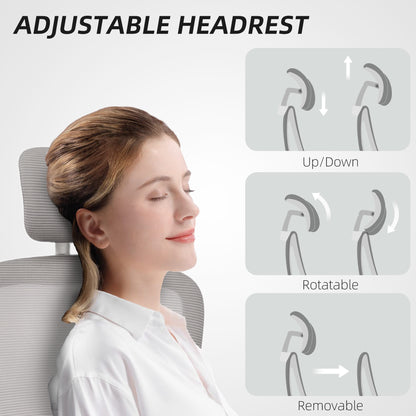 Ergonomic Mesh Office Chair, High Back Desk Chair with Rotatable Headrest, Flip-Up Armrests, Lumbar Support, Grey