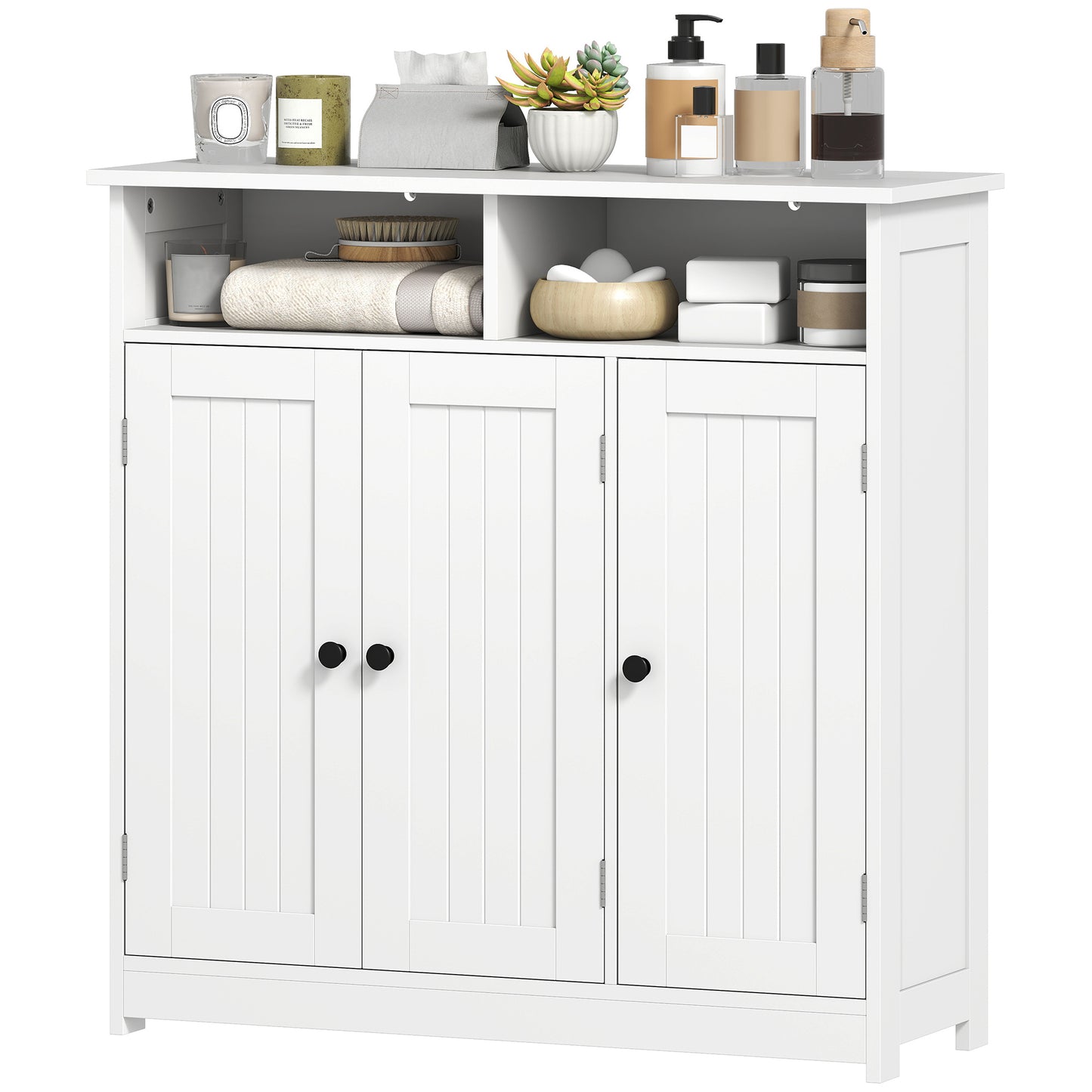 Bathroom Floor Cabinet, Freestanding Bathroom Storage Unit with 3 Doors, 2 Open Shelves and Adjustable Shelf, White