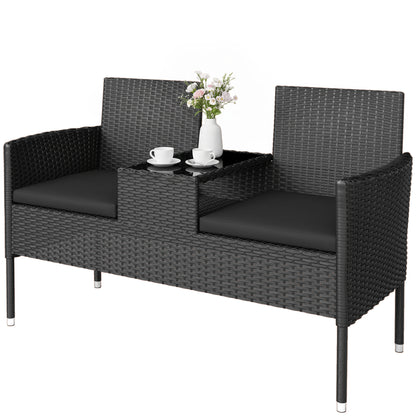 Patio Furniture w/ Mid-Table PE Rattan Loveseat w/ Cushion, Black