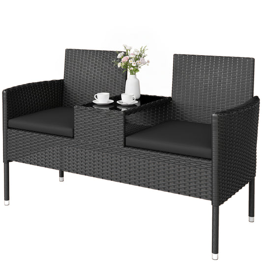 Patio Furniture w/ Mid-Table PE Rattan Loveseat w/ Cushion, Black