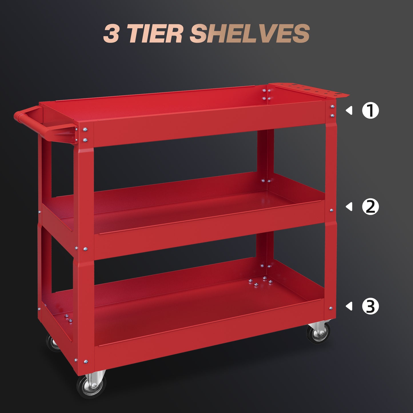 3 Tier Rolling Tool Cart with Wheels, 330 LBS Capacity Heavy Duty Utility Cart, Mobile Service Cart for Garage, Red