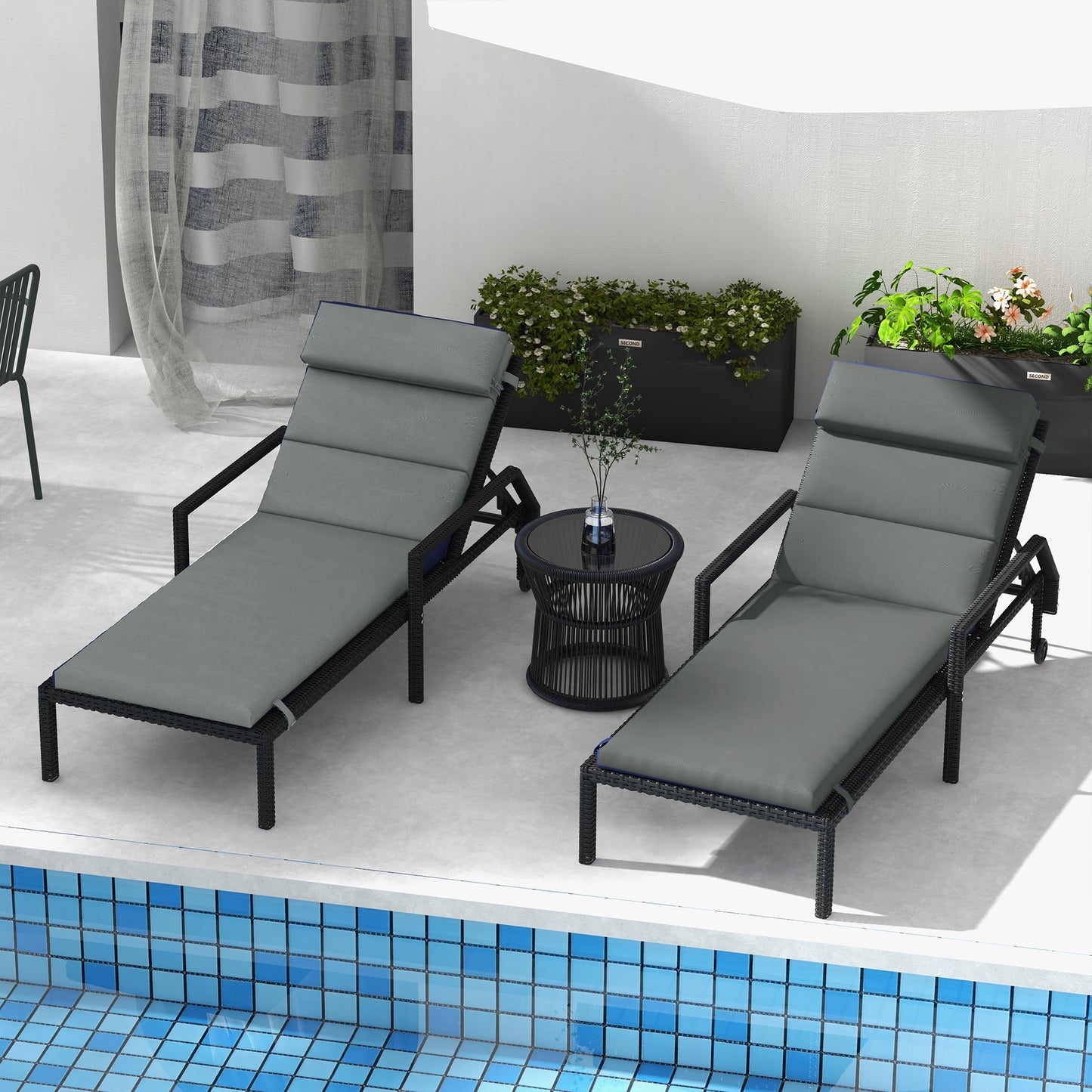 Patio Chaise Lounge Chair Cushions Replacement Sun Lounger Pads with Headrest and Ties, Set of 2, Grey