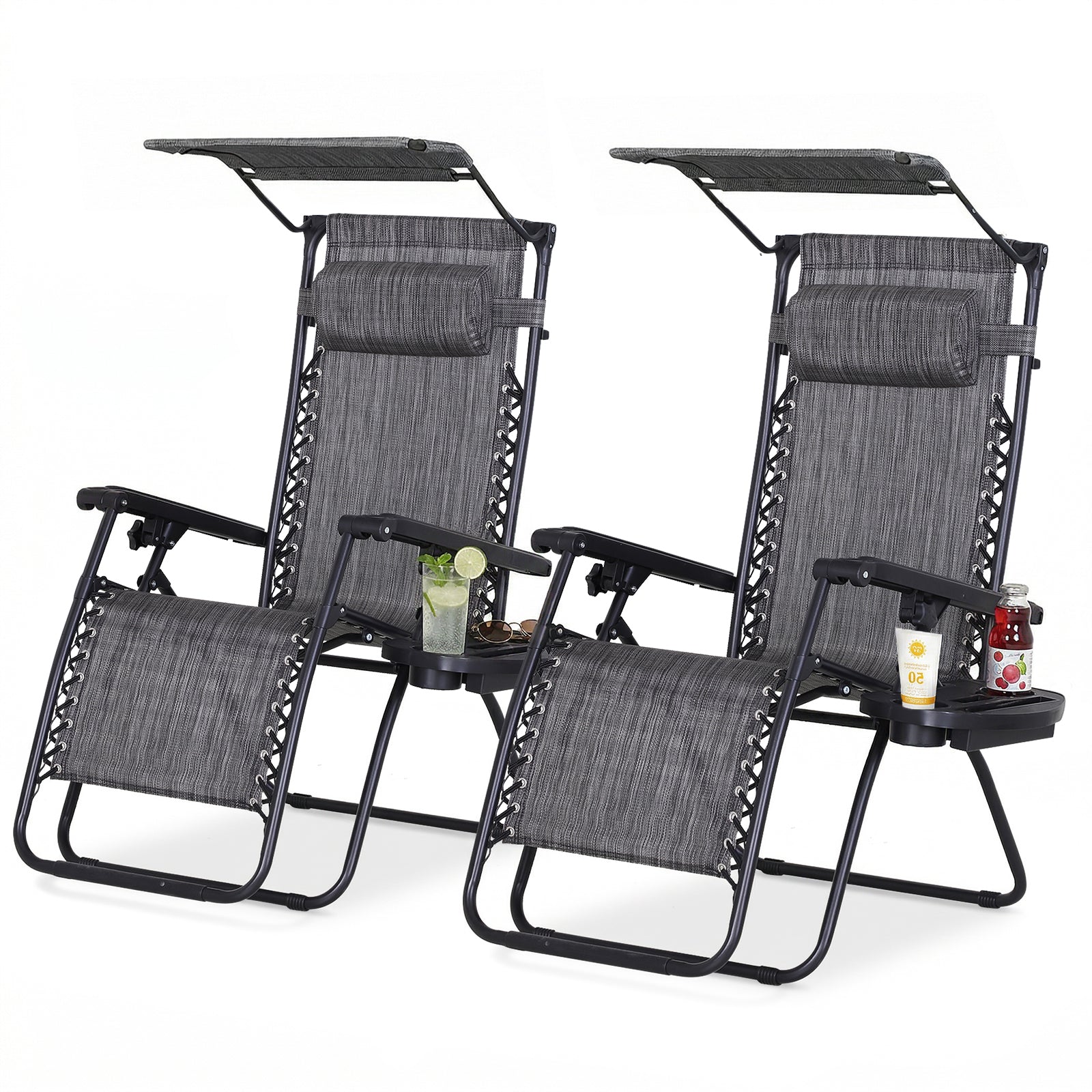 Zero Gravity Chair Set of 2 with Canopy Shade, Outdoor Folding Lounge Chair with Side Tray, Cup Holder, Reclining Lounger with Breathable Mesh Seat and Pillow, Dark Grey