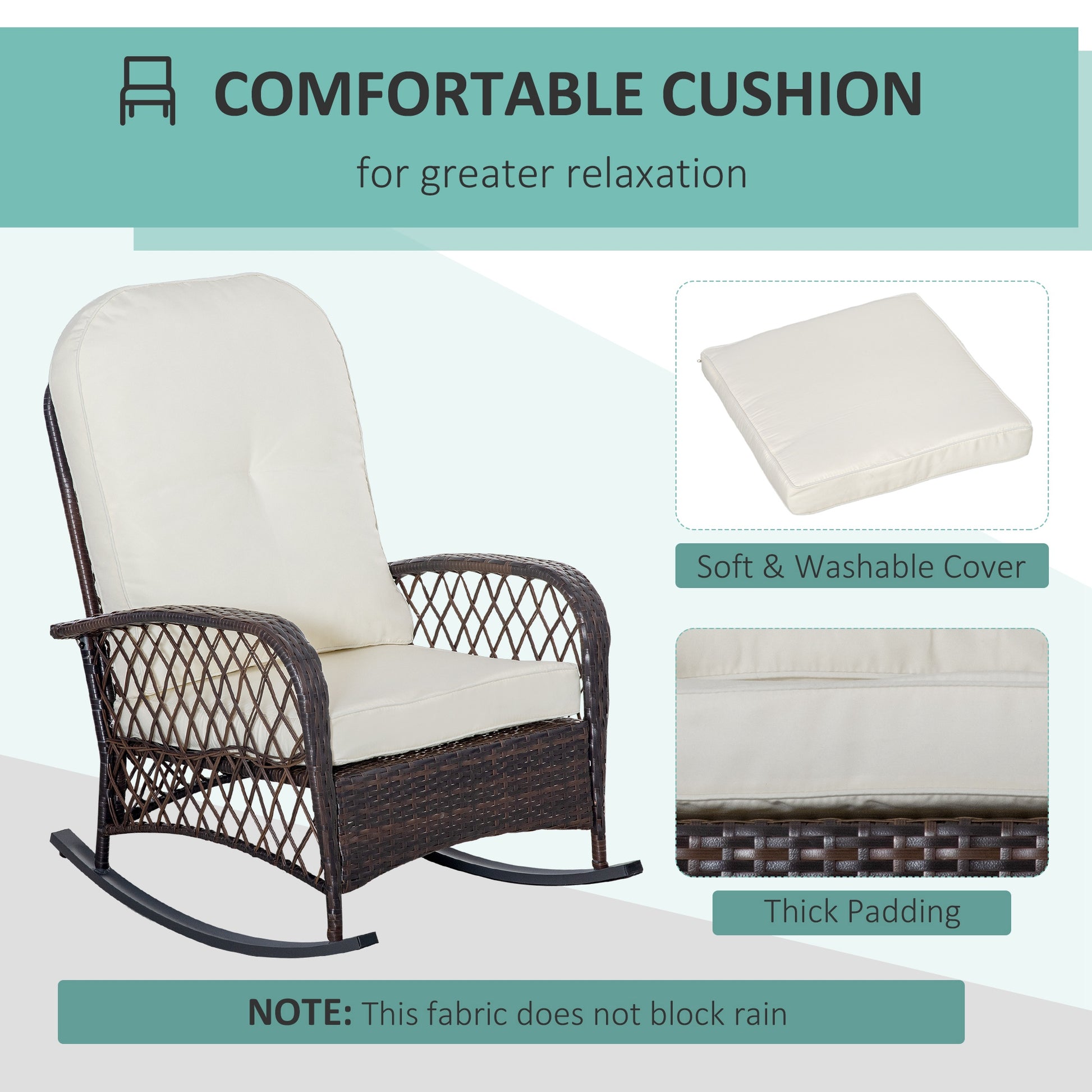 Rattan Rocking Chair, Outdoor Wicker Patio Rocker Chair Furniture with Thick Cushions, for Garden Backyard Porch, Cream White
