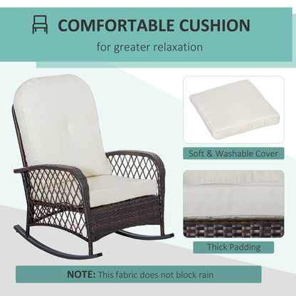 Rattan Rocking Chair, Outdoor Wicker Patio Rocker Chair Furniture with Thick Cushions, for Garden Backyard Porch, Cream White