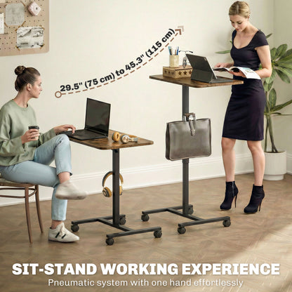 Height Adjustable Standing Desk, Pneumatic Sit Stand Desk with Wheels and Headphone Hook, Rustic Brown