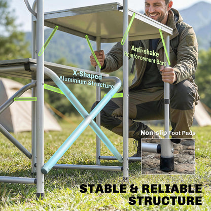 Aluminum Camping Kitchen, Portable Folding Camping Table with Fabric Cupboards, Windshield, Bag for BBQ, Picnic, Blue
