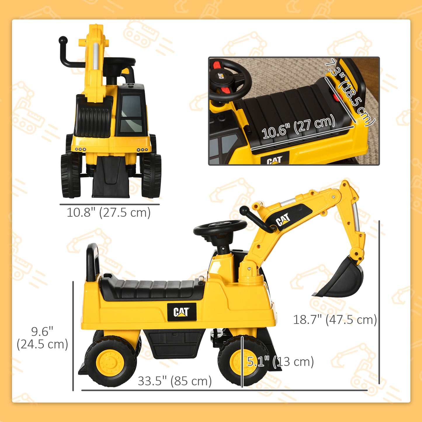 Aosom Kids Excavator Ride on Toy CAT Licensed with Manual Shovel, Horn, Hidden Storage for 18-36 Months, Yellow