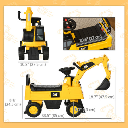Aosom Kids Excavator Ride on Toy CAT Licensed with Manual Shovel, Horn, Hidden Storage for 18-36 Months, Yellow