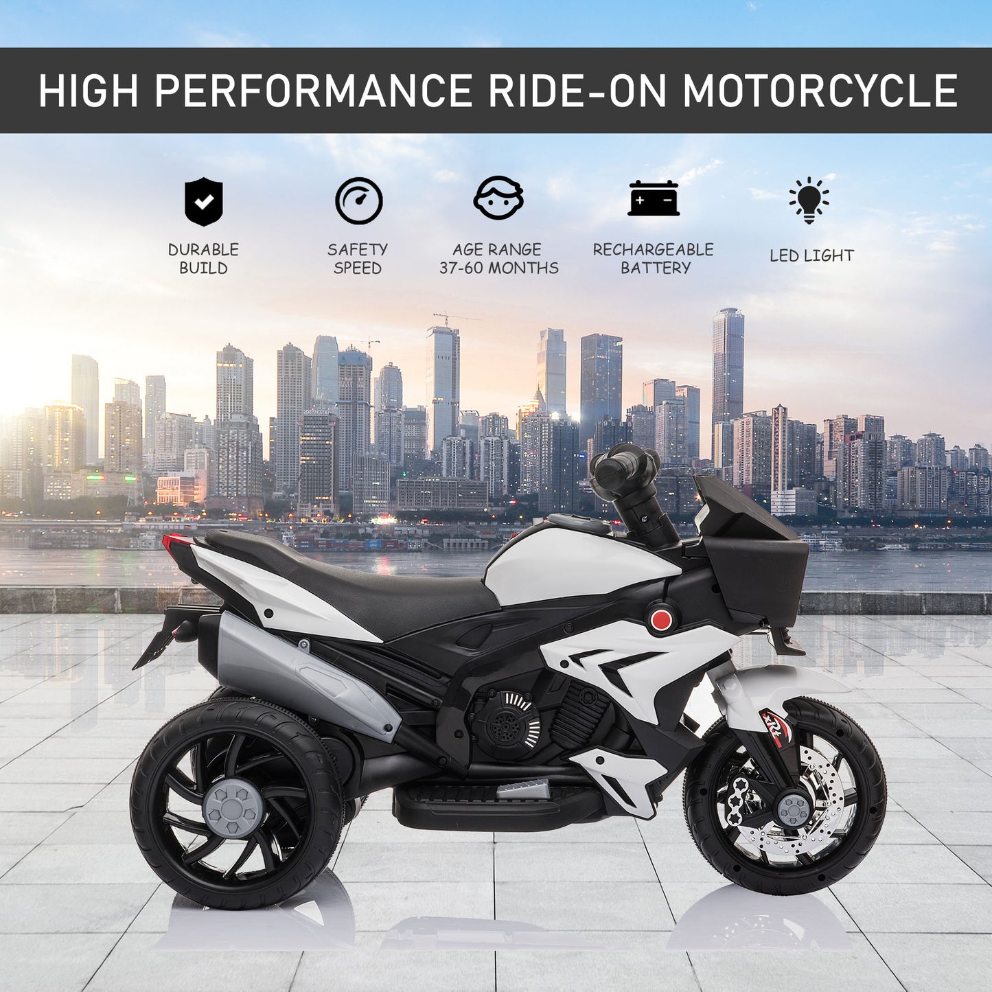 Aosom Kids Electric Pedal Motorcycle Ride-On Toy 6V Battery Powered w/ Music Horn Headlights Motorbike for Girls Boy White
