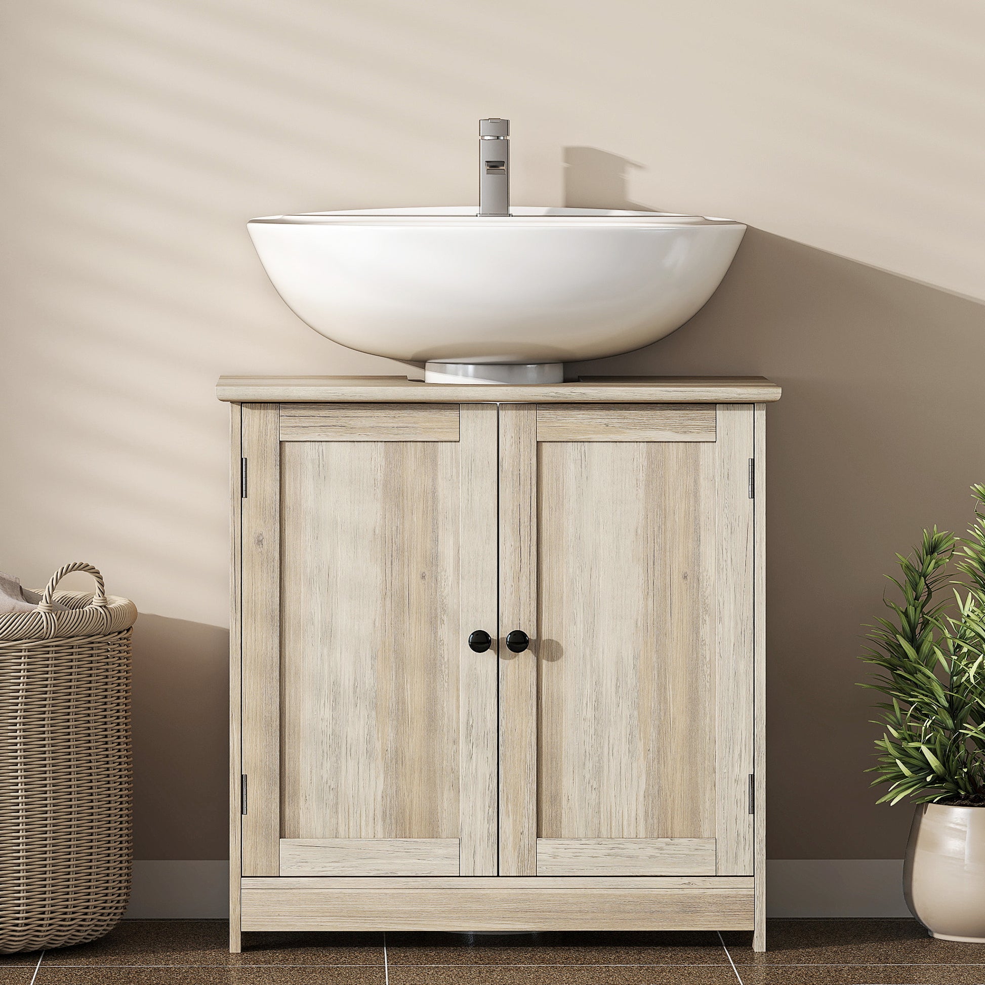 Bathroom Vanity, 24" Pedestal Sink Bathroom Vanity Furniture with 2 Doors and Shelf, Grey Wood Grain