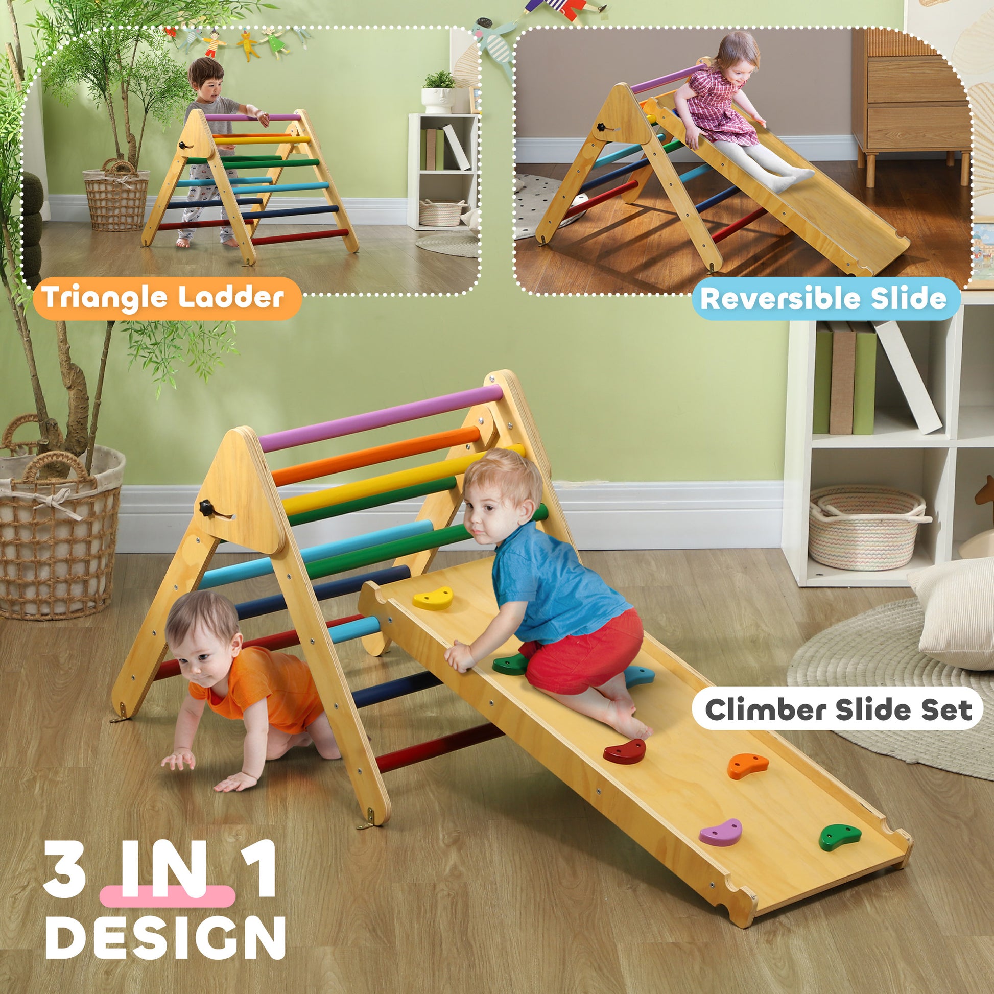 Qaba Pikler Triangle Set, 3 in 1 Climbing Toys with Ramp for Toddlers, Nature Wood