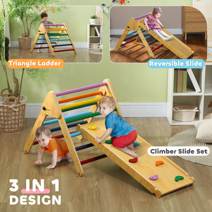 Qaba Pikler Triangle Set, 3 in 1 Climbing Toys with Ramp for Toddlers, Nature Wood
