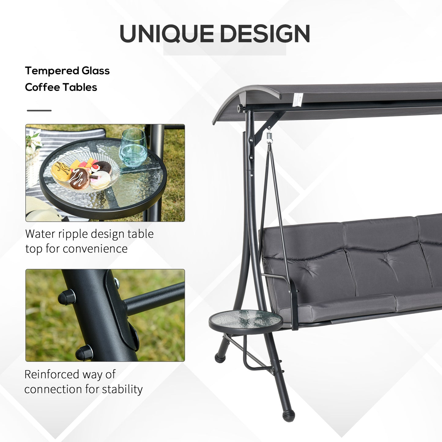 3 Seat Outdoor Swing Chair Steel Swing Bench Porch Swing With Adjustable Canopy, Coffee Tables and Cushion for Patio Garden, Dark Grey