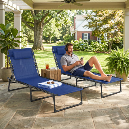 2 PCs Folding Lounge Chairs, Adjustable Chaise Lounge with Headrest, Reclining Lounger Cot for Camping, Hiking, Blue