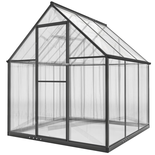 Polycarbonate Greenhouse with Swing Door and Adjustable Window, Walk-in Greenhouse with Rain Gutter, 6 x 6.5ft, Black