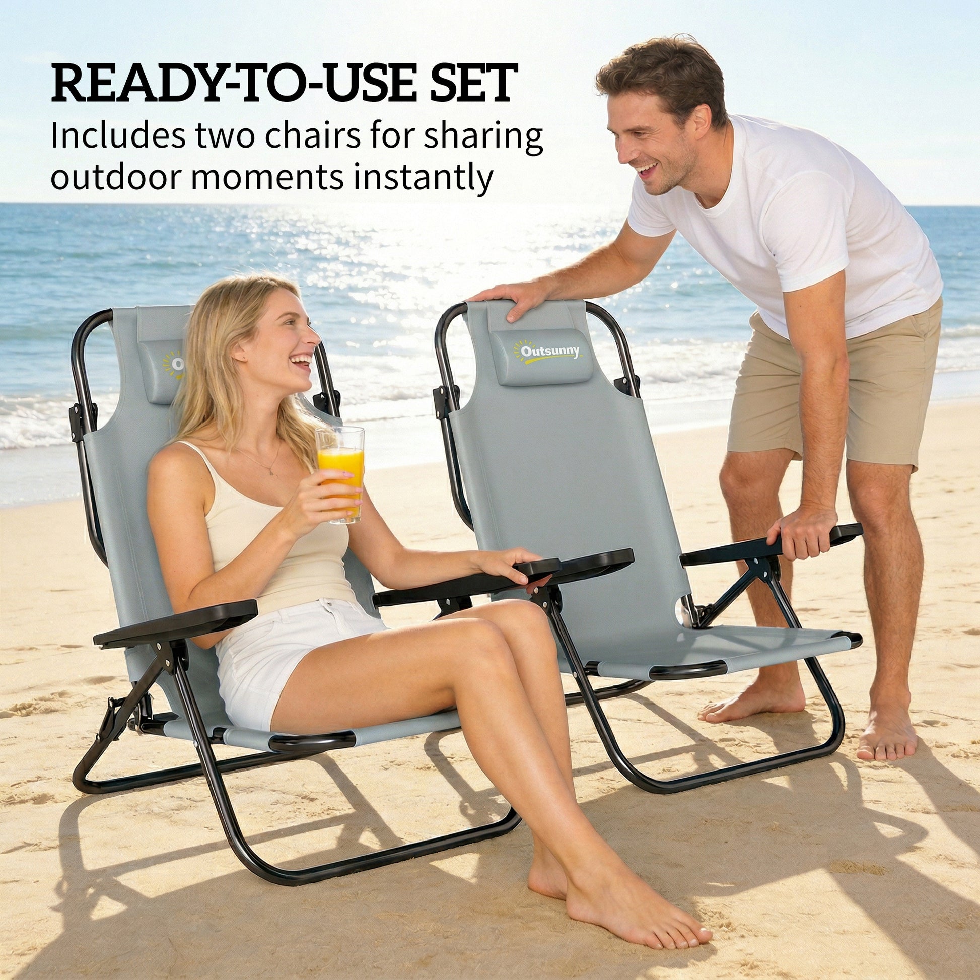 Set of 2 Beach Chair 5-Position Adjustable Folding Camping Chair with Headrest Armrests Light Grey