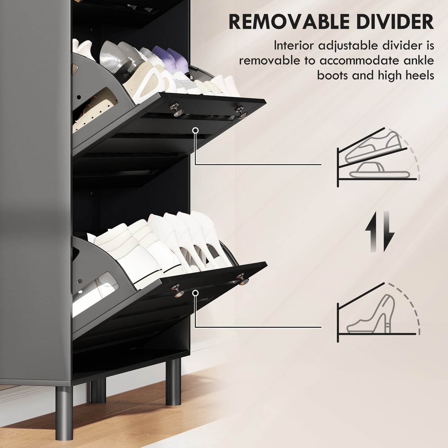 Narrow Shoe Storage Cabinet, 3 Flip Drawers, Adjustable Shelves, 18-24 Pairs Capacity, Black