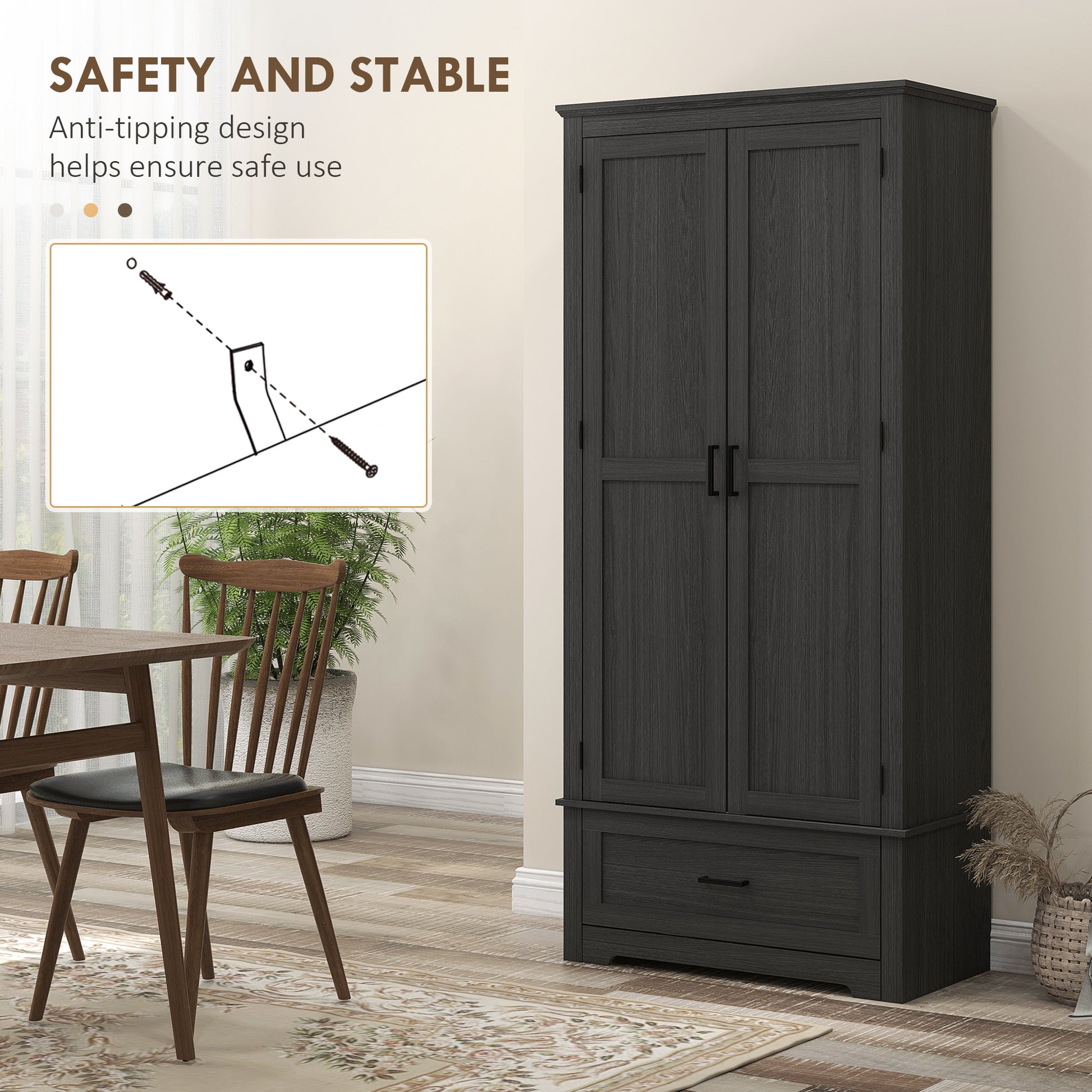 69" Tall Farmhouse Kitchen Pantry Cabinet with 2 Doors, Drawer and Adjustable Shelves, Black Wood Grain