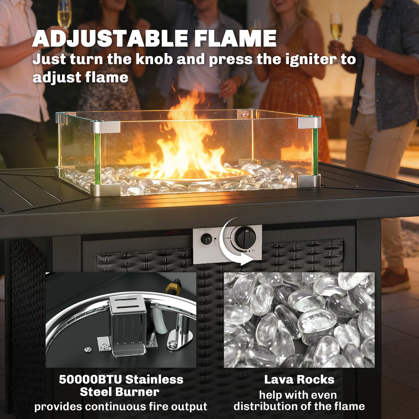 32" Propane Gas Fire Pit Table, 50,000 BTU Square Patio Table with Fire Pit, Wind Guard, Lid, CSA Certified, Black