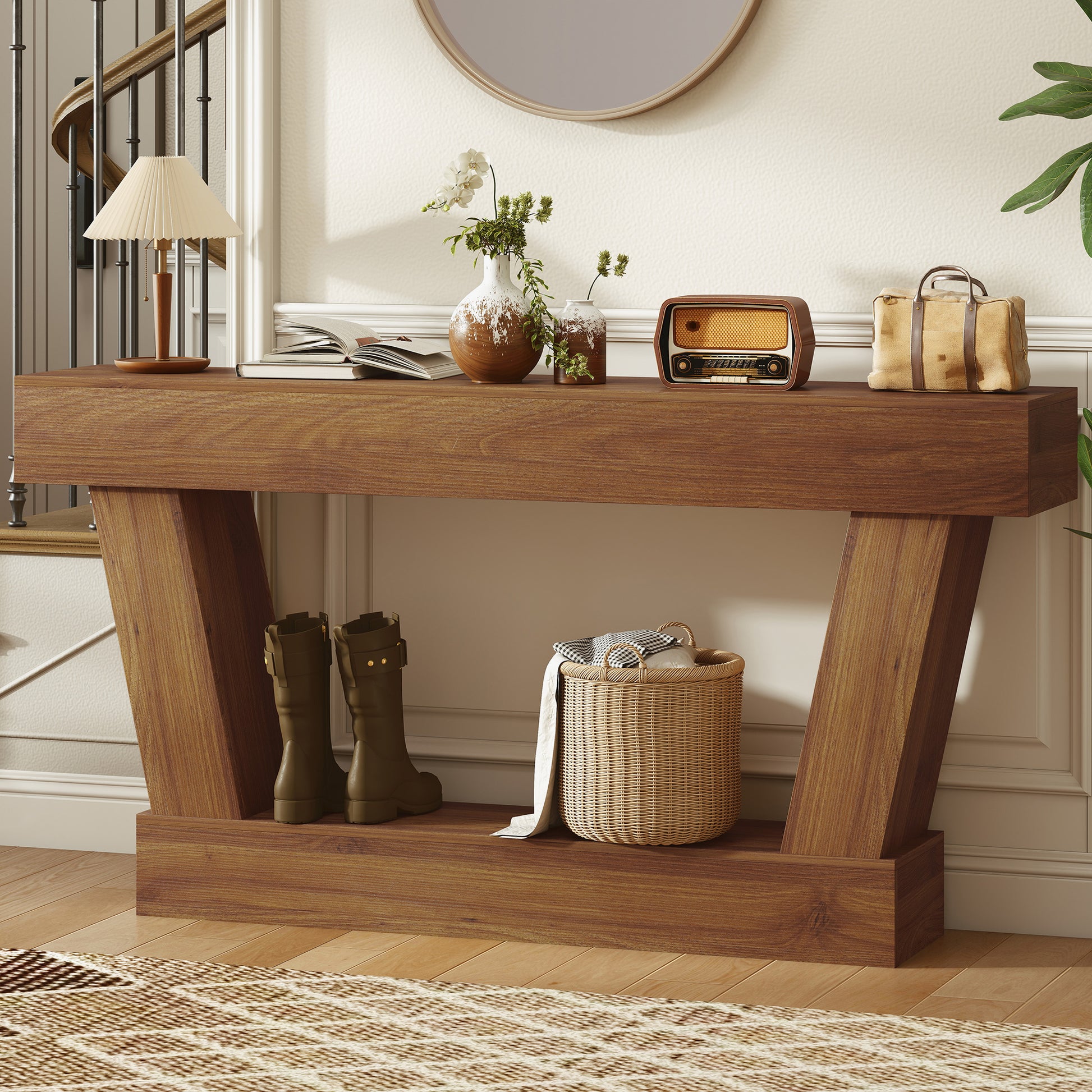 63 Inch Vintage Console Table, Narrow Entryway Table with Open Shelf for Living Room, Dark Brown