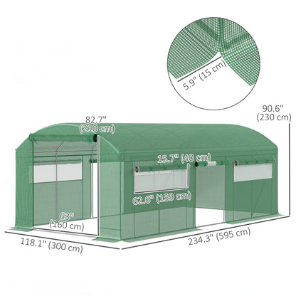 19.5' x 10' x 7.5' Tunnel Greenhouse with 3 Roll-Up Doors and Large Mesh Windows, Galvanized Steel Frame, Wind Resistant, Green