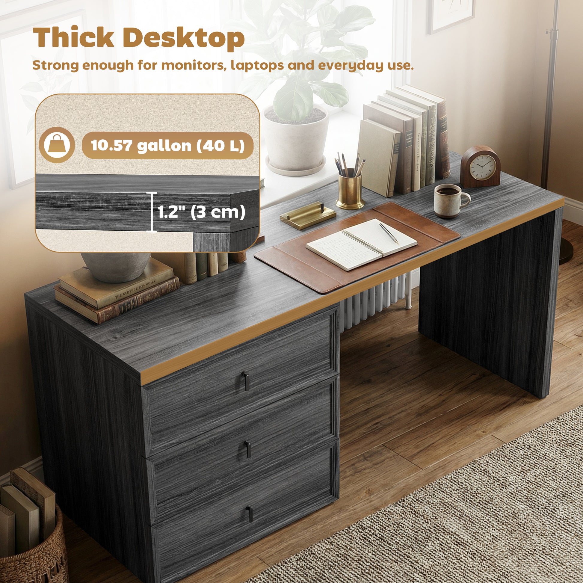 L Shaped Computer Desk Home Office Desk with 3 Drawers Black Wood Grain