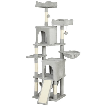 Cat Tree, 70" Multi-Level Cat Tower with 2 Condos, 2 Beds, Hammock, Toy Balls, Scratching Posts and Board, Light Grey