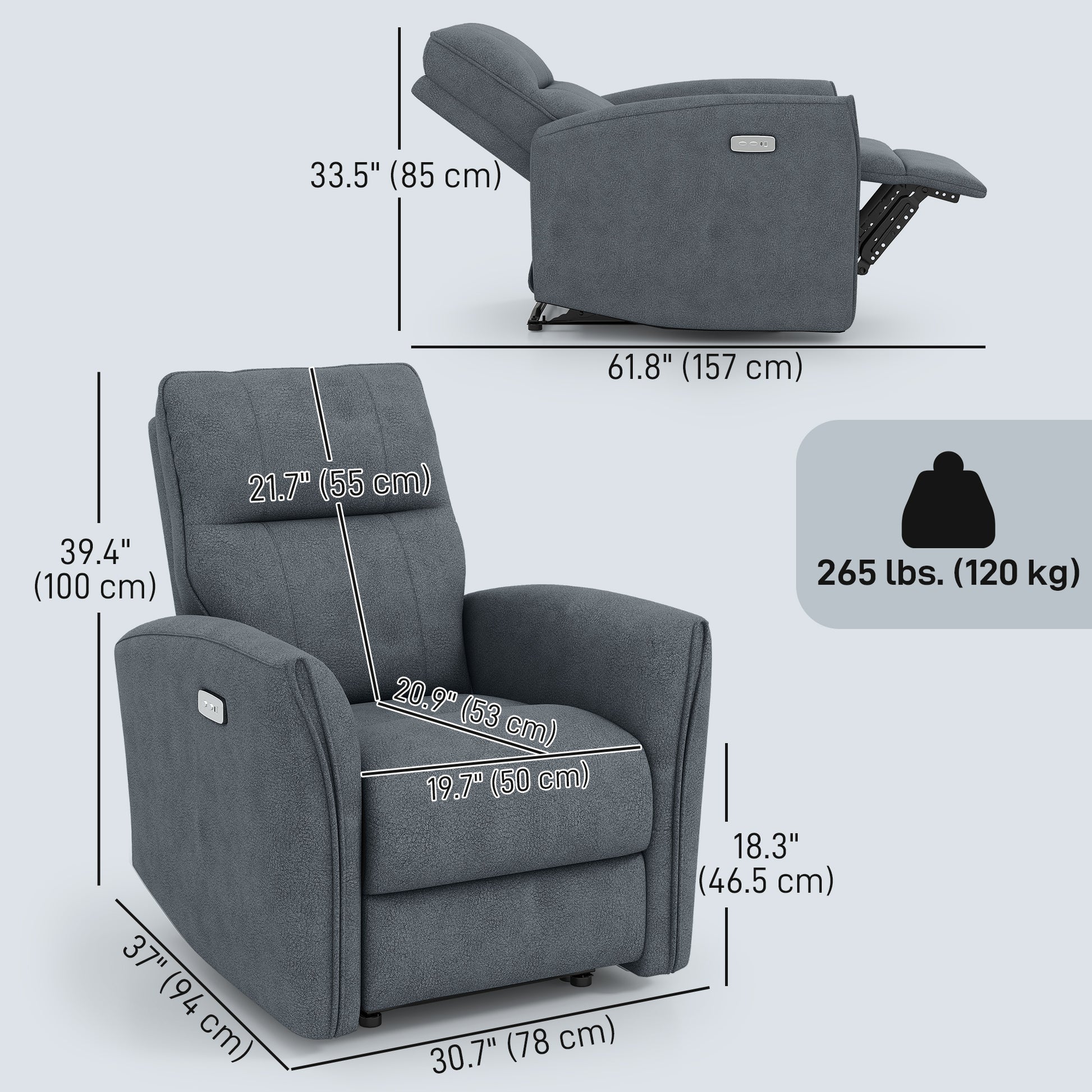 Power Recliner Chair, Fabric Upholstered Recliner Chair with USB Ports, Footrest, Charcoal Grey
