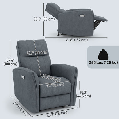 Power Recliner Chair, Fabric Upholstered Recliner Chair with USB Ports, Footrest, Charcoal Grey